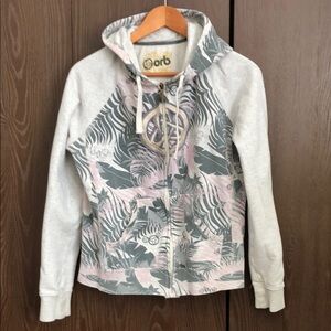 Vintage orb full zip hoodie girls L grey/pink leaves design thick #566